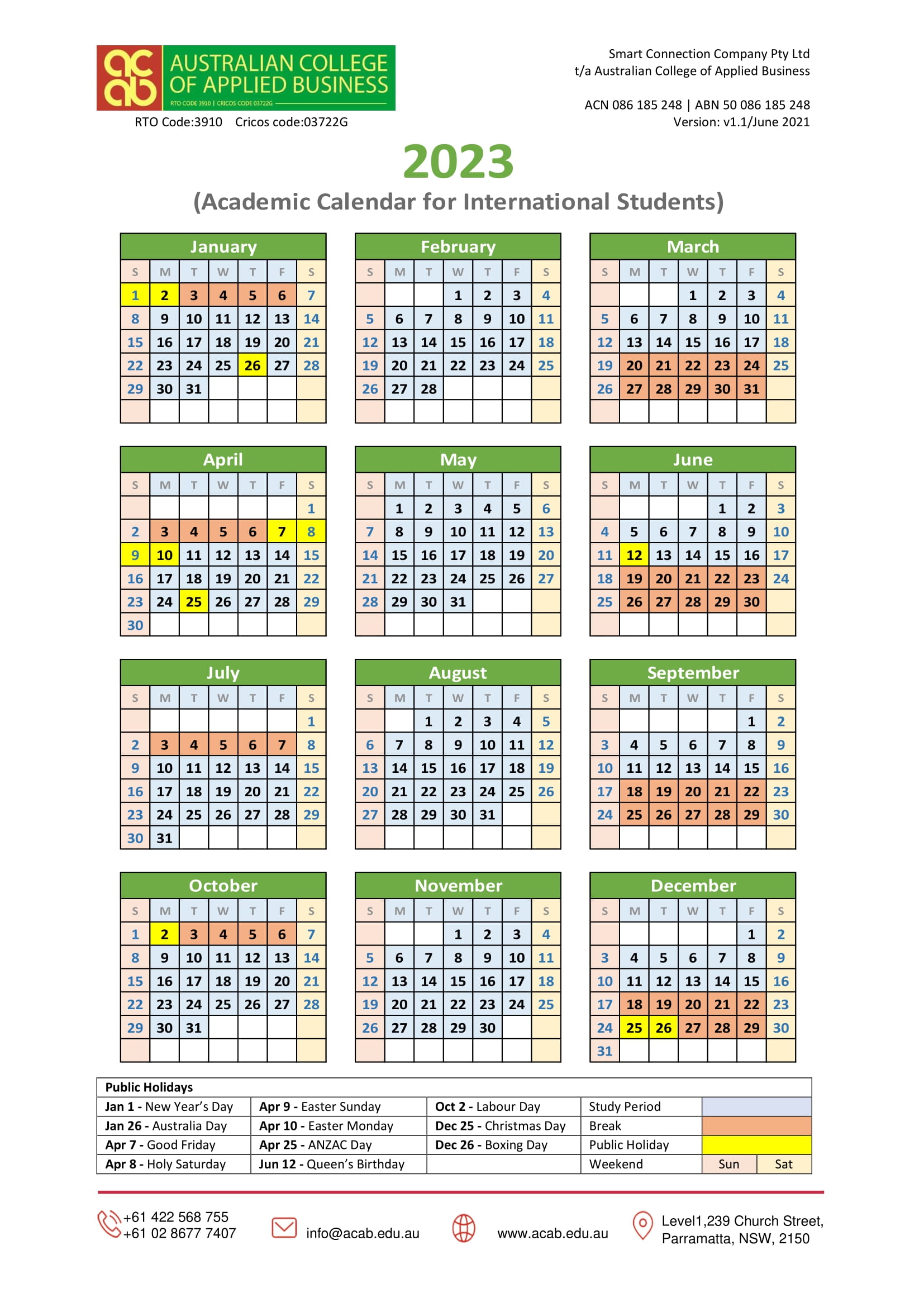 Academic Calendar Australian College of Applied Business